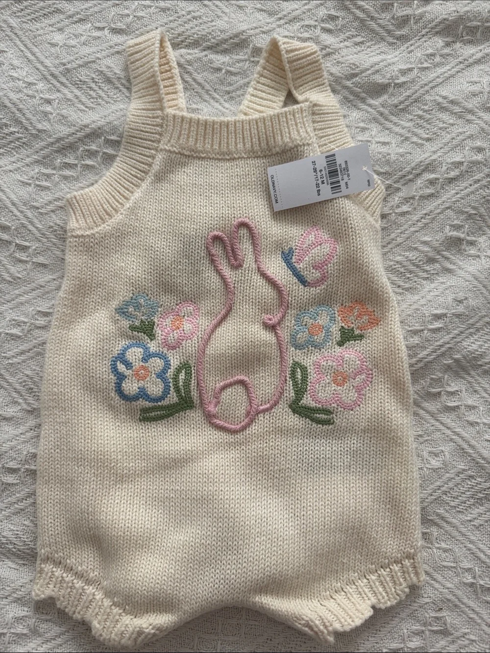Old Navy Cream Knit Bunny Play Romper with Pastel Floral Embroidery